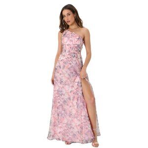 NWT Lulus Exquisite Affair Pink Floral Organza One-Shoulder Maxi Dress l Size XS